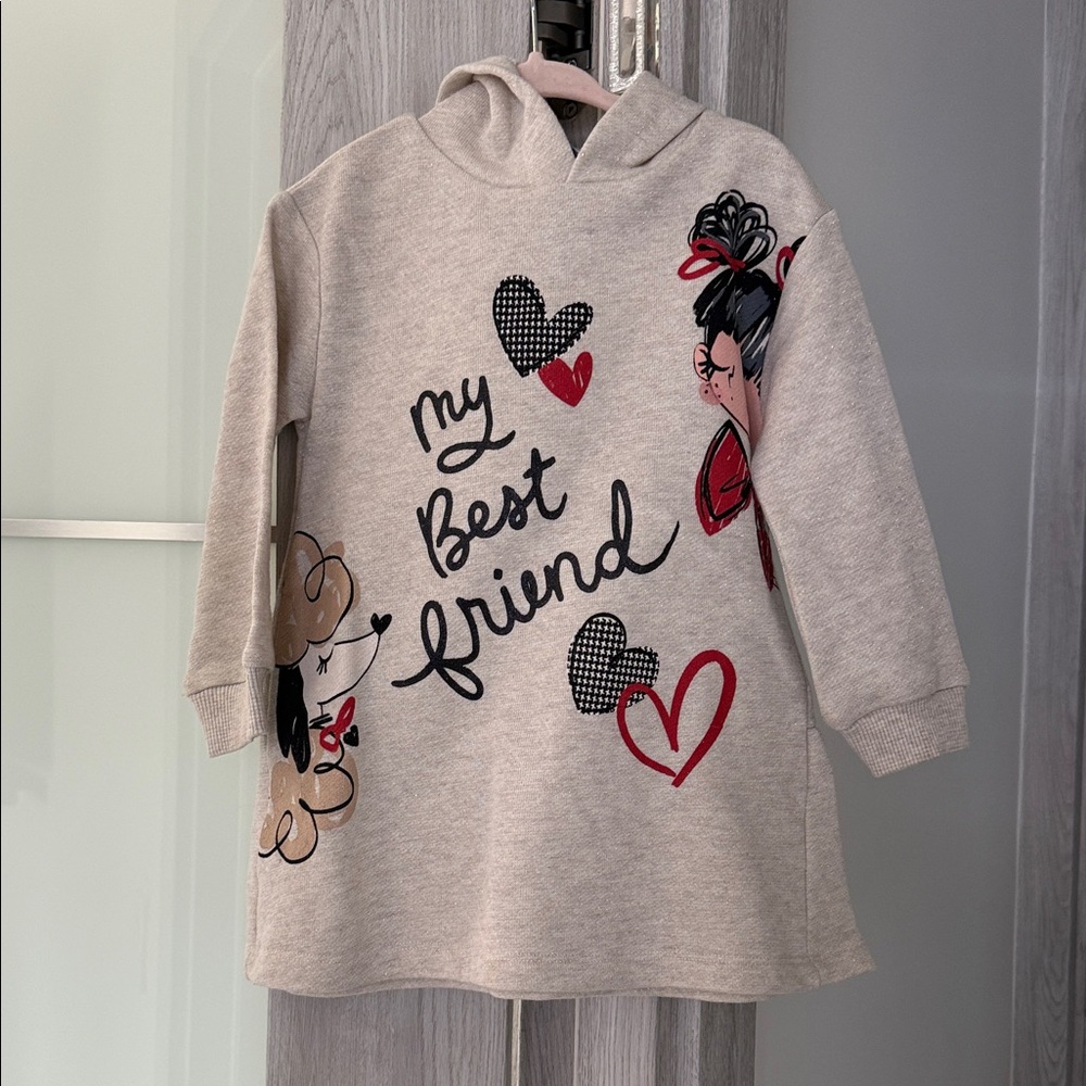 Mayoral Beige Hoodie Dress with Black and Red Heart Graphics size 3